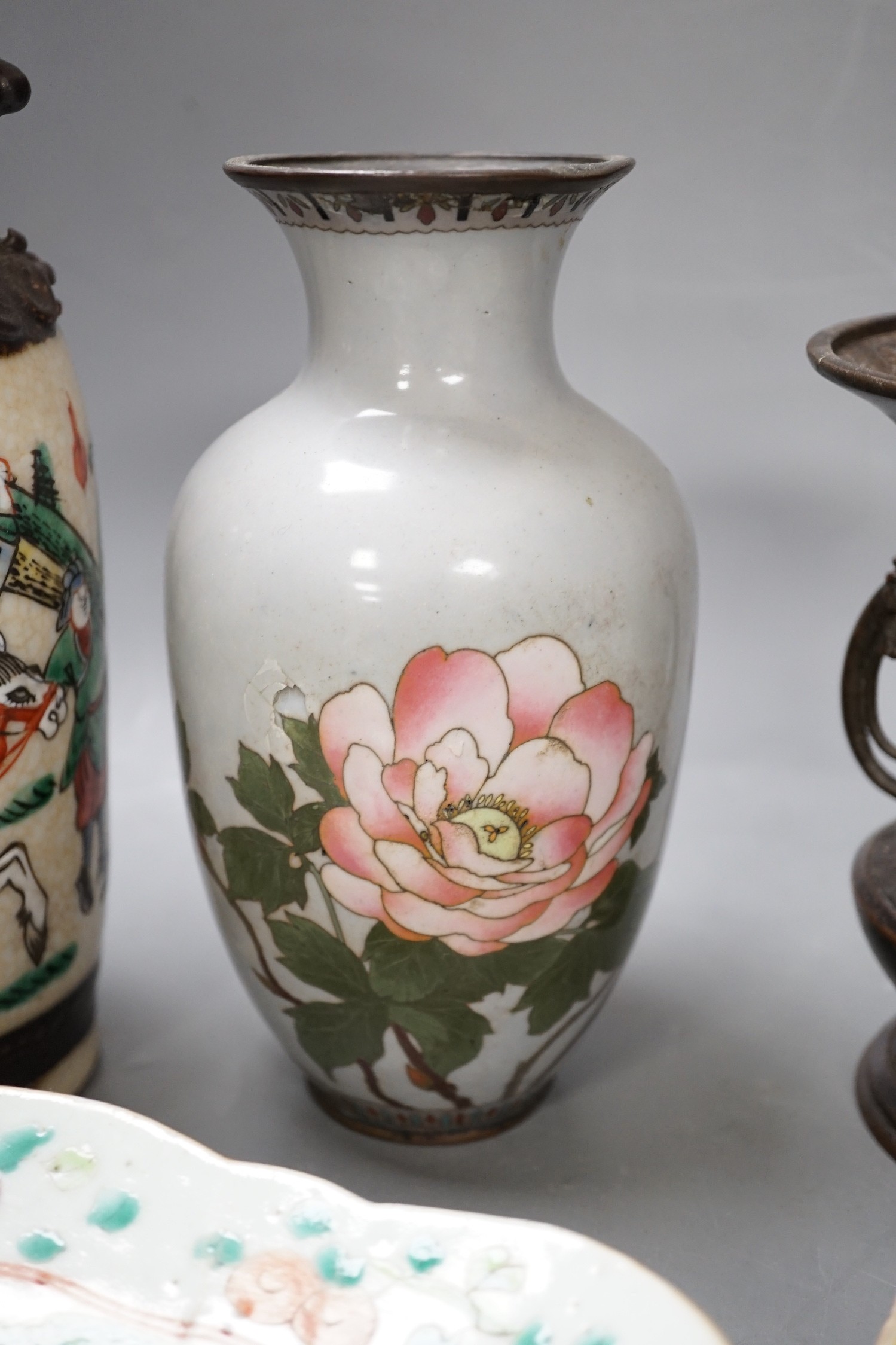 A group of 19th century Chinese porcelain dishes and a vase, and a Japanese ‘bird’ carving etc.